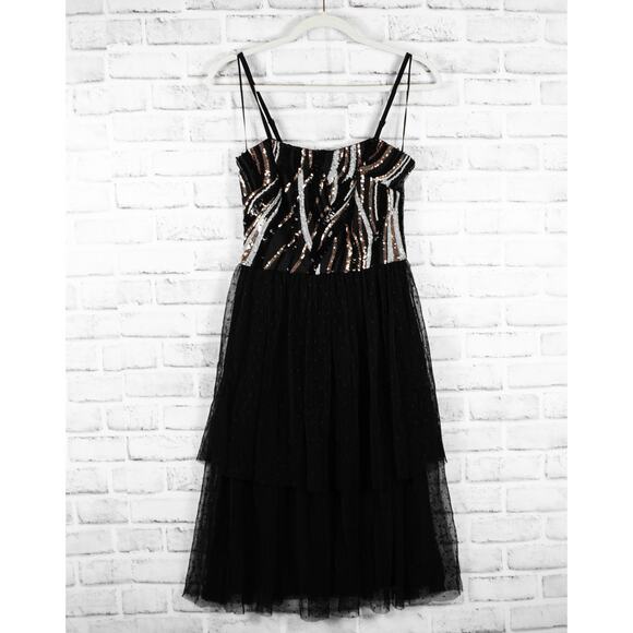 Dress the Population Black Sequin Tulle Midi Dress Women Small Cocktail Holiday - Picture 2 of 11